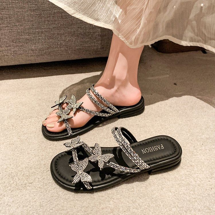 Butterfly Strappy Rhinestone Slide Sandals