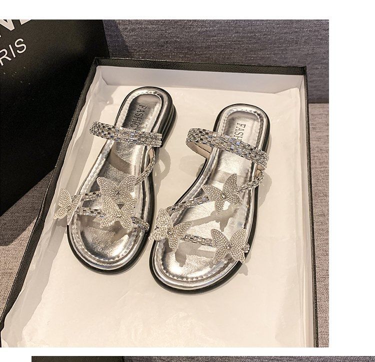 Butterfly Strappy Rhinestone Slide Sandals