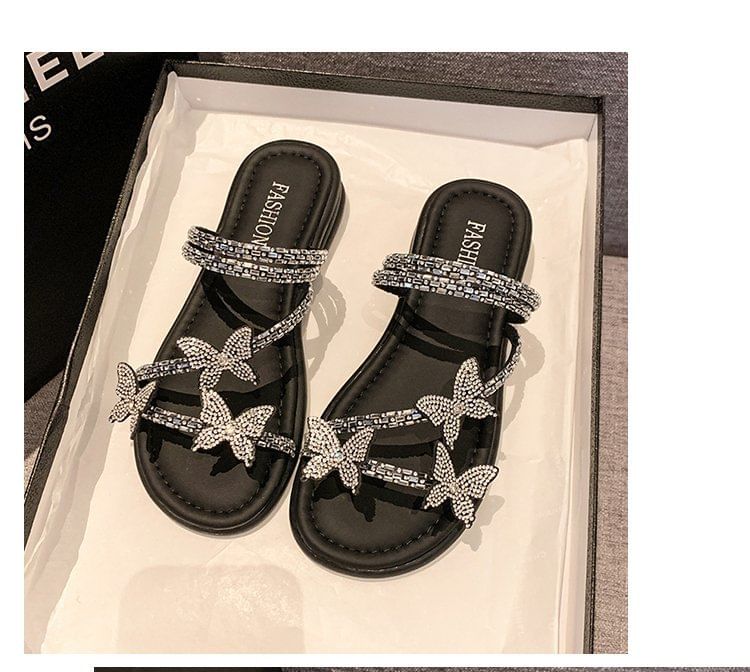 Butterfly Strappy Rhinestone Slide Sandals
