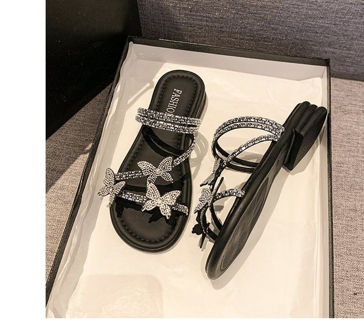 Butterfly Strappy Rhinestone Slide Sandals