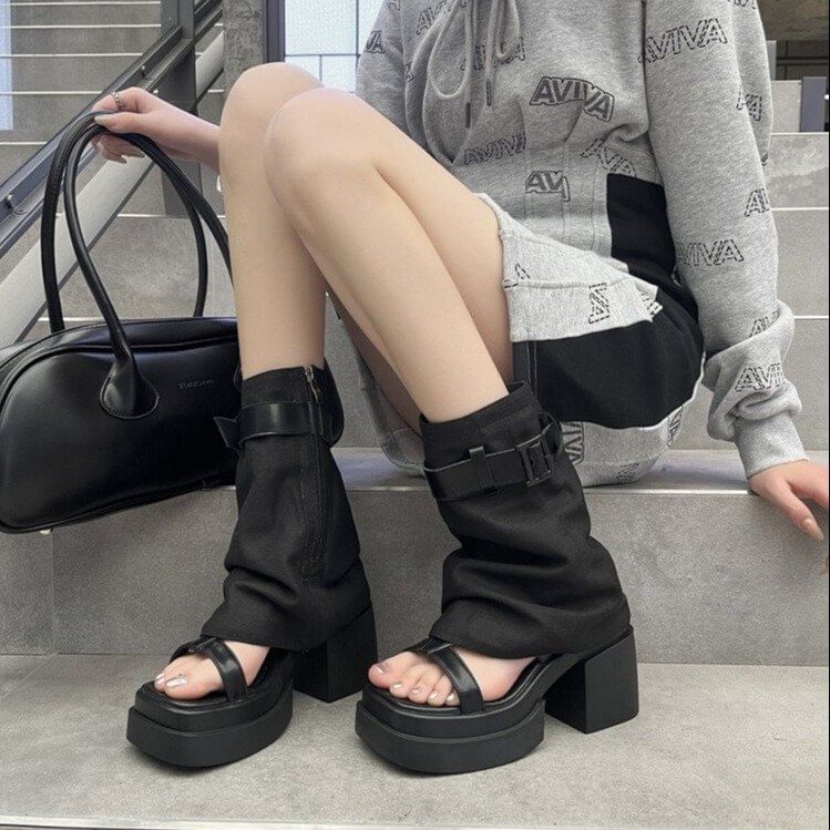 + Set: Warmers Leg Sandals Buckled Platform Slingback Chunky Heel