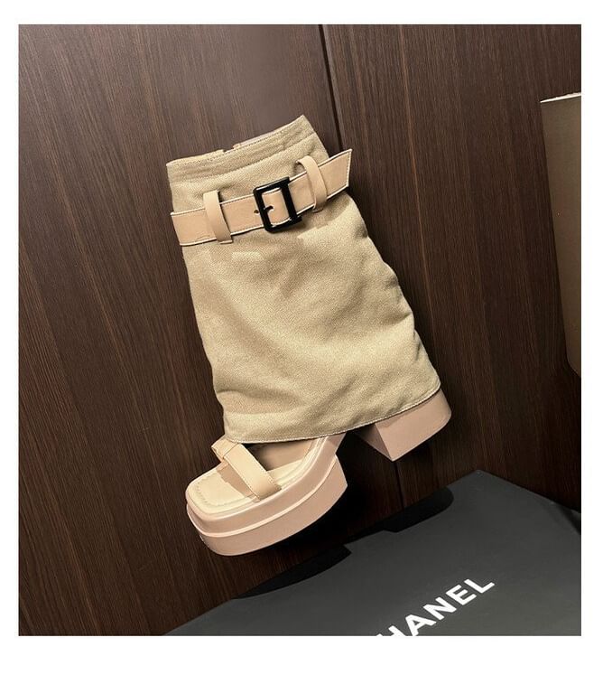 + Set: Warmers Leg Sandals Buckled Platform Slingback Chunky Heel