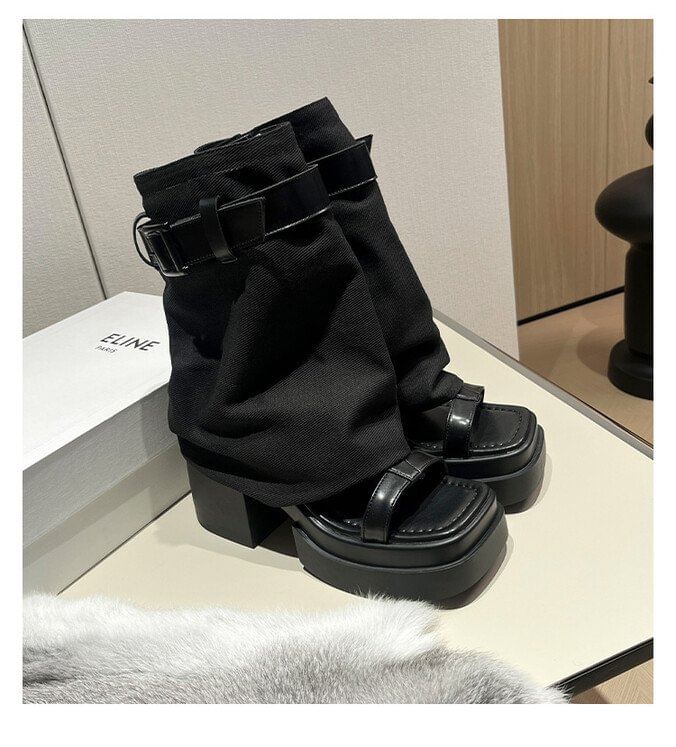 + Set: Warmers Leg Sandals Buckled Platform Slingback Chunky Heel