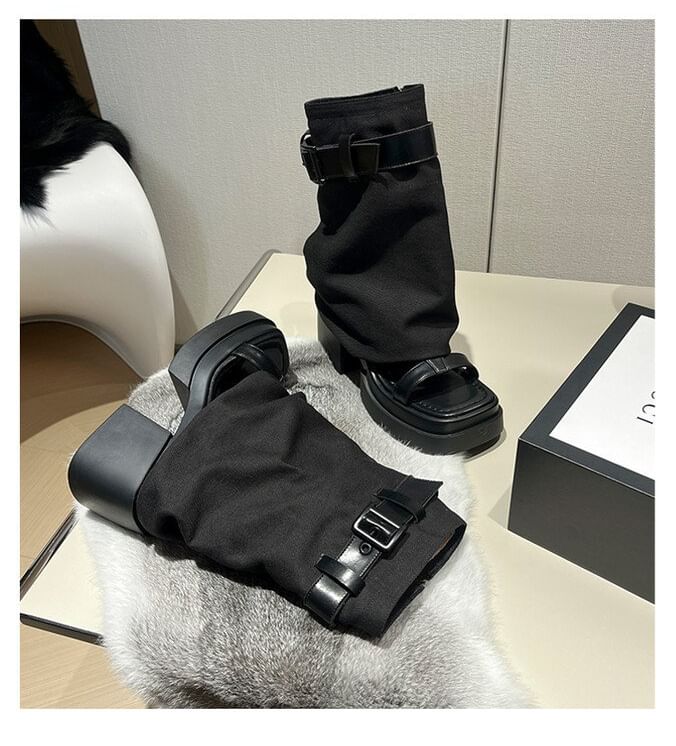 + Set: Warmers Leg Sandals Buckled Platform Slingback Chunky Heel