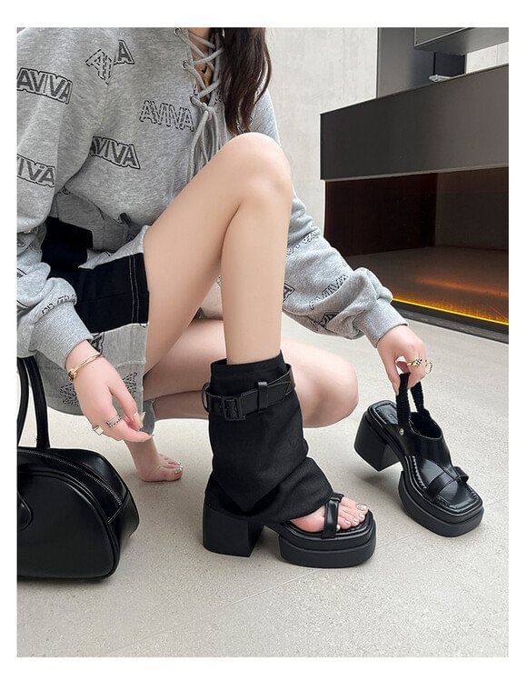 + Set: Warmers Leg Sandals Buckled Platform Slingback Chunky Heel