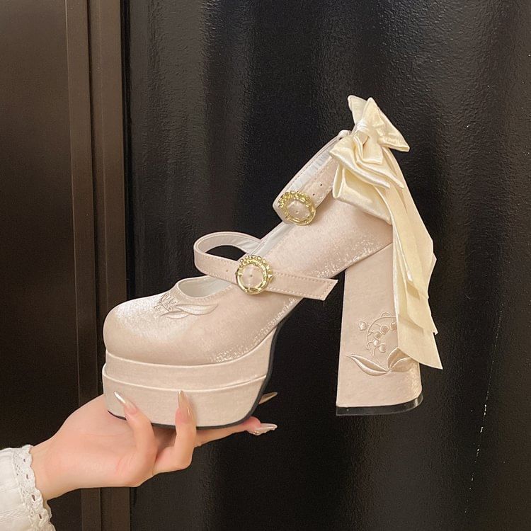 Jane Mary Embroidered Chunky Platform Shoes Bow Heel