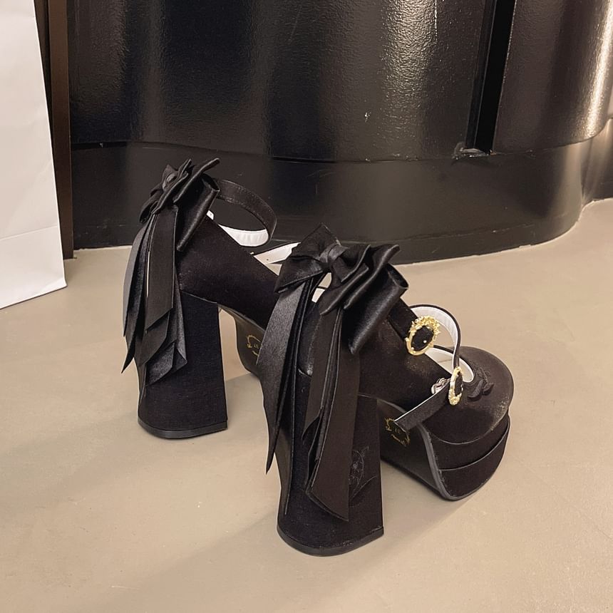 Jane Mary Embroidered Chunky Platform Shoes Bow Heel