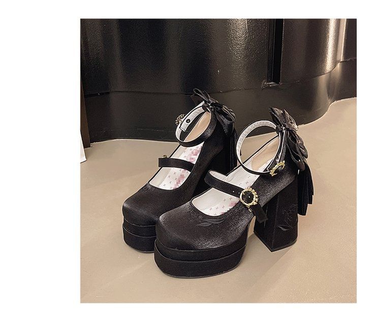 Jane Mary Embroidered Chunky Platform Shoes Bow Heel