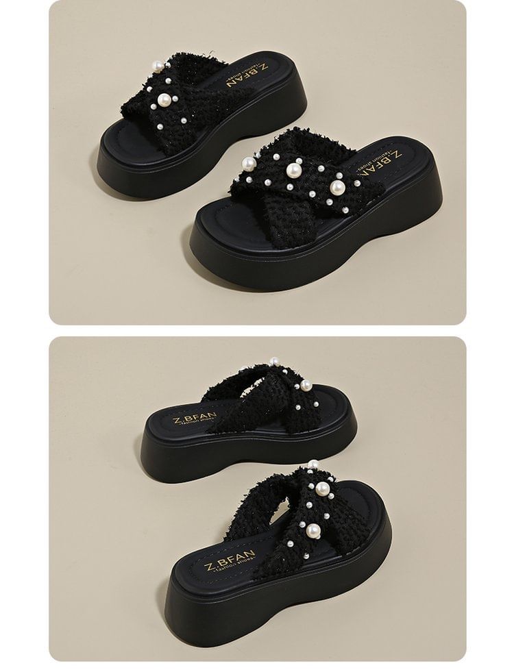 Platform Cross Faux Criss Pearl Sandals Slide