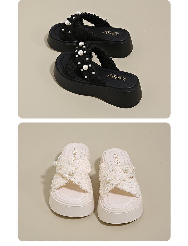 Platform Cross Faux Criss Pearl Sandals Slide