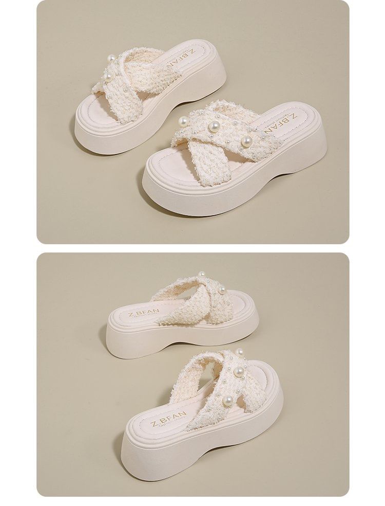 Platform Cross Faux Criss Pearl Sandals Slide