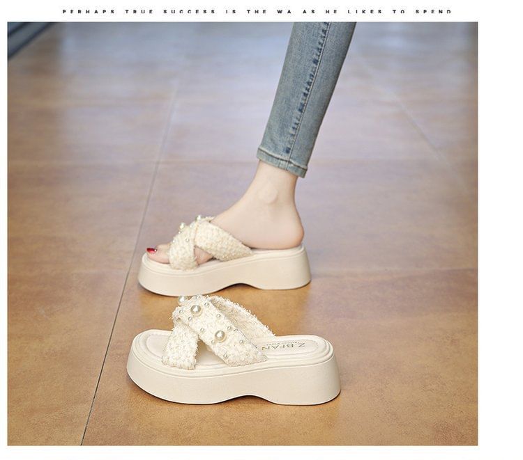 Platform Cross Faux Criss Pearl Sandals Slide