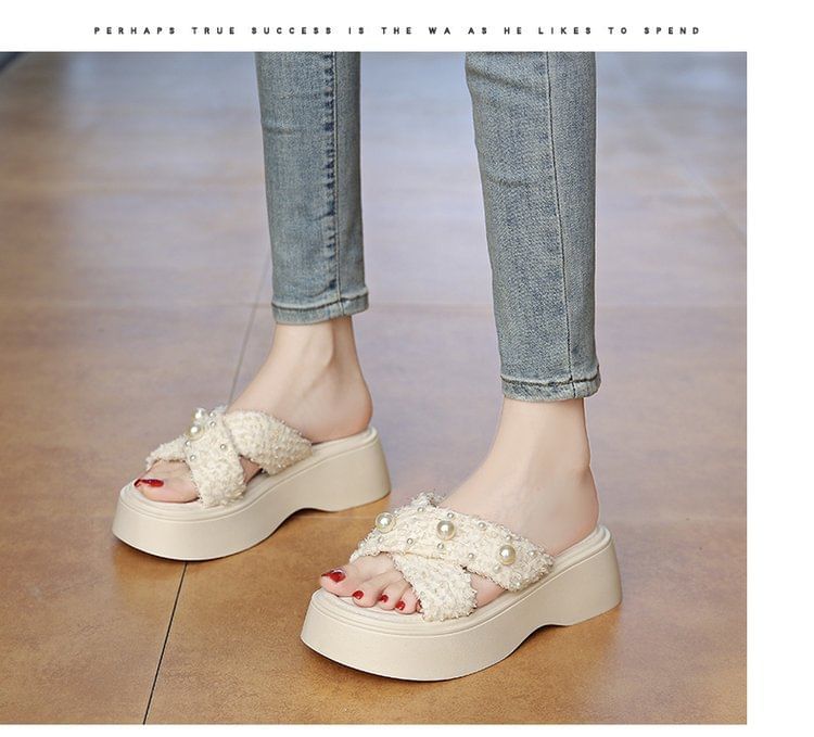 Platform Cross Faux Criss Pearl Sandals Slide