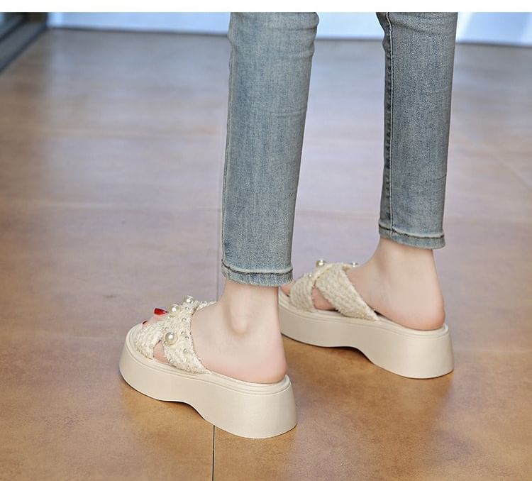 Platform Cross Faux Criss Pearl Sandals Slide