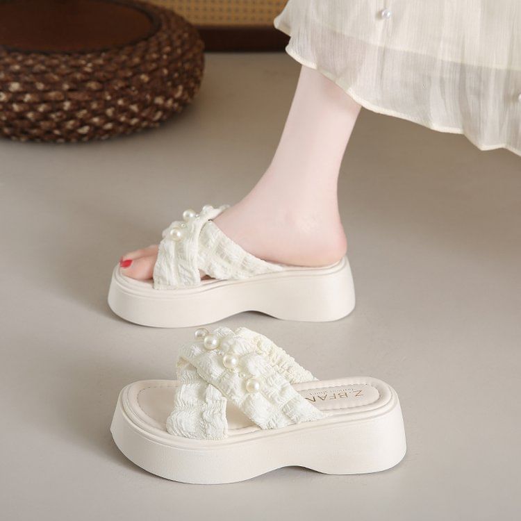 Platform Pearl Sandals Cross Slide Criss Faux