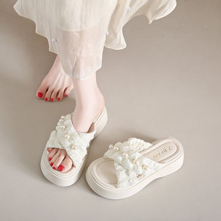 Platform Pearl Sandals Cross Slide Criss Faux
