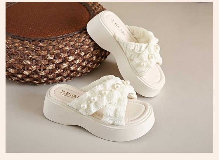 Platform Pearl Sandals Cross Slide Criss Faux