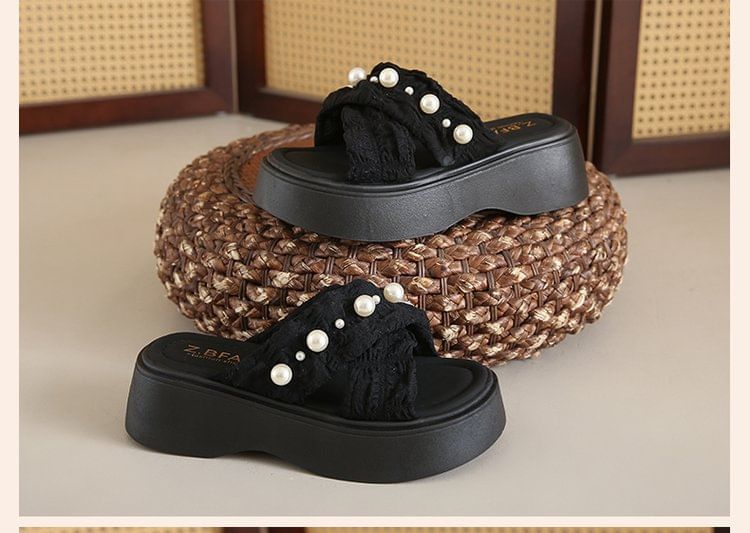 Platform Pearl Sandals Cross Slide Criss Faux