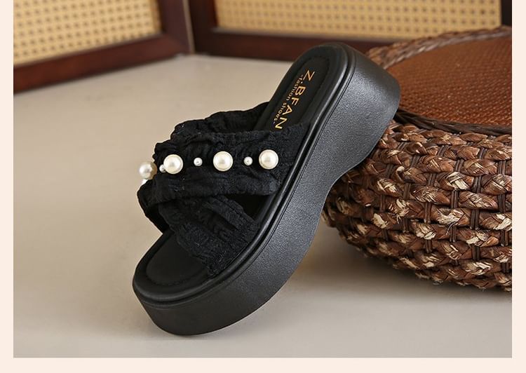 Platform Pearl Sandals Cross Slide Criss Faux
