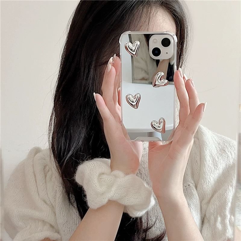 Decoration Mirrored Heart Phone Case Adhesive / Set with Strap