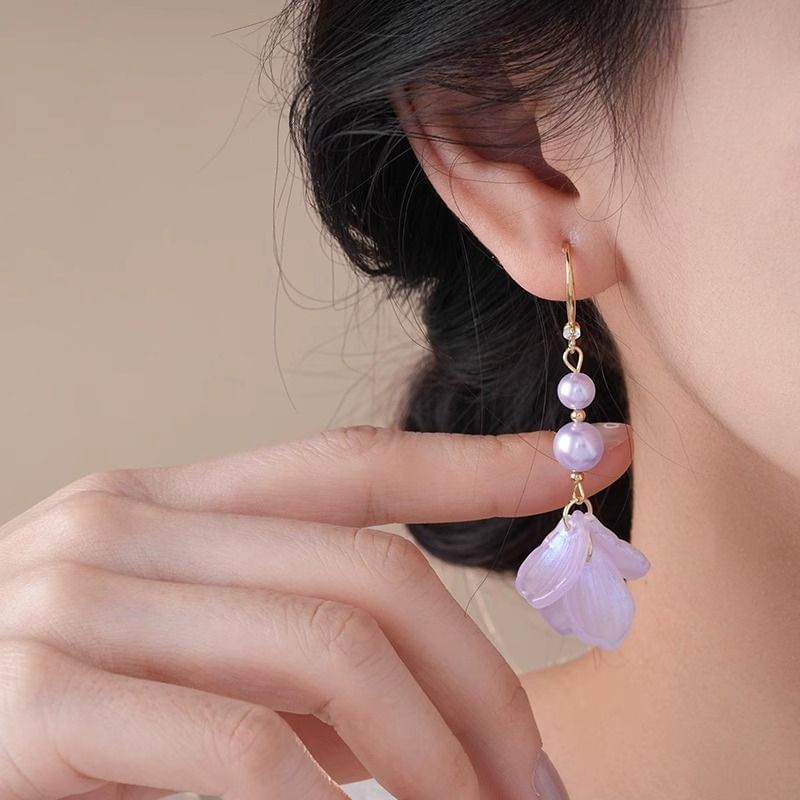 Faux Pearl Earring Dangle Petal Alloy