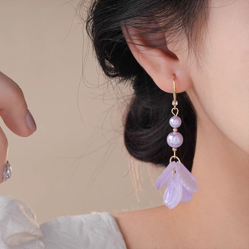 Faux Pearl Earring Dangle Petal Alloy