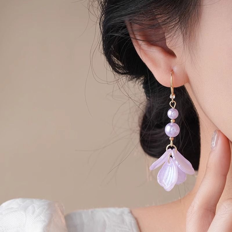 Faux Pearl Earring Dangle Petal Alloy