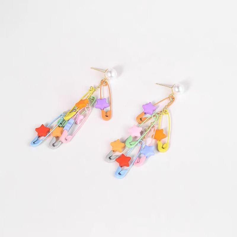 Chandelier Pin Earring Safety Star Faux Pearl Alloy