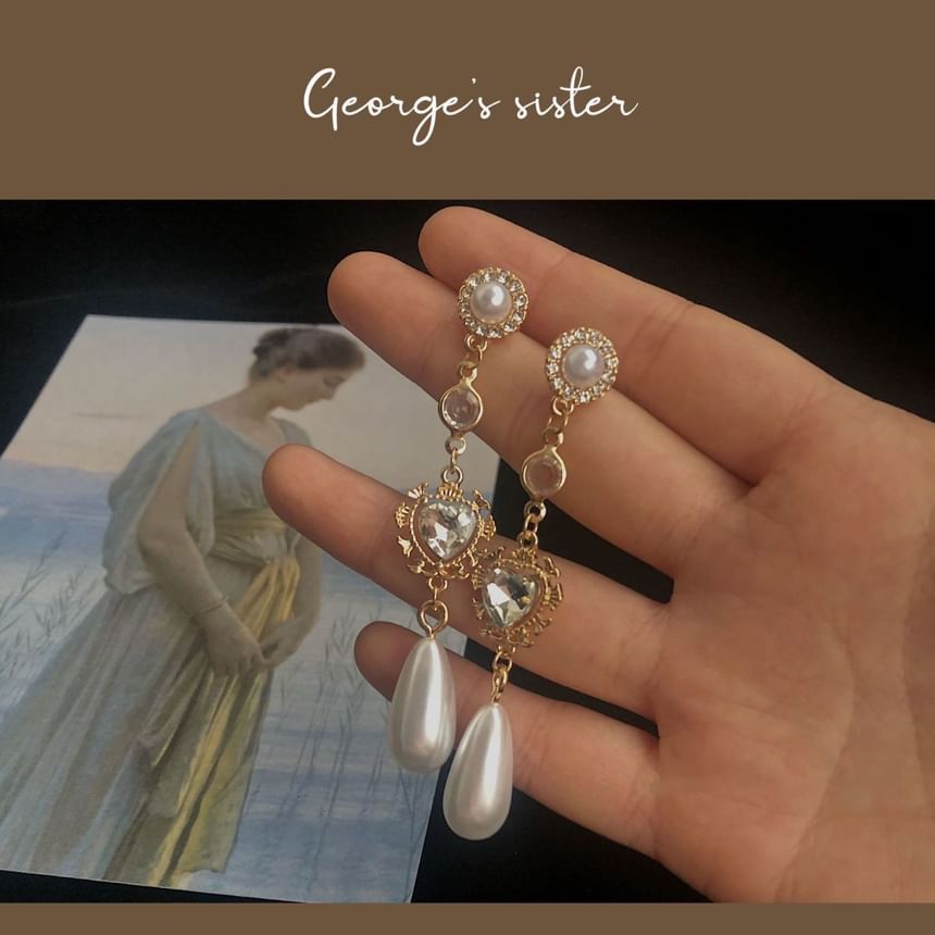 Earring Heart Alloy Dangle Pearl Rhinestone Faux