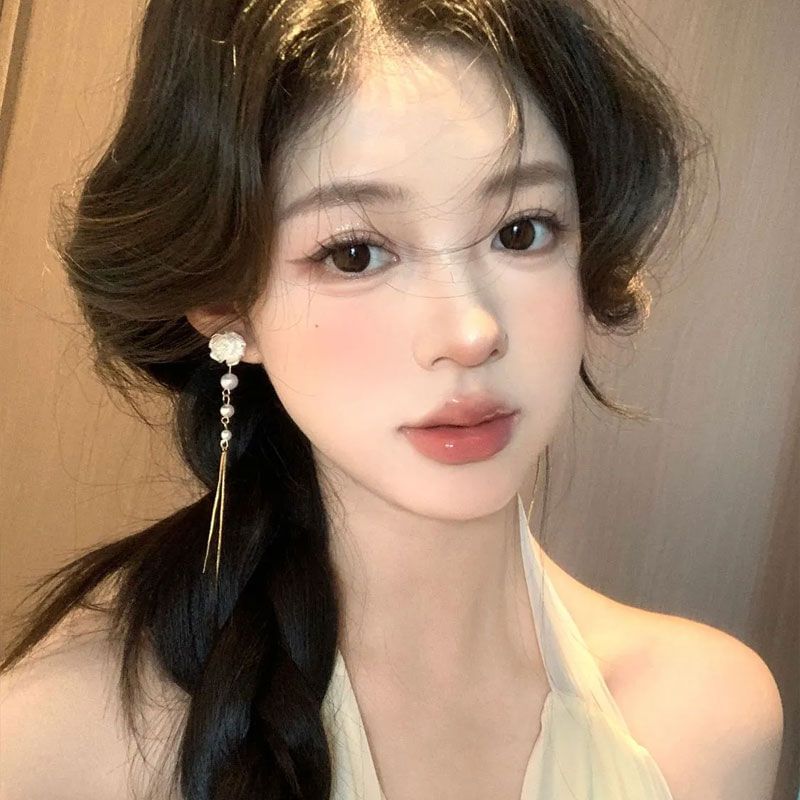 Faux Pearl Floral Alloy Threader Earring