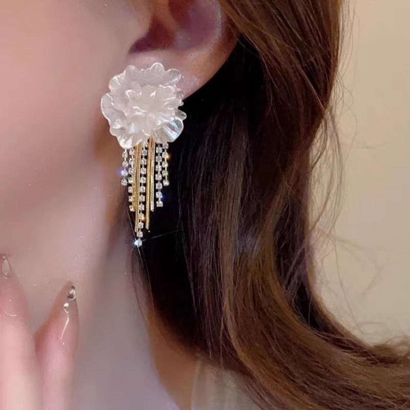 Floral Earring Rhinestone Fringed Alloy