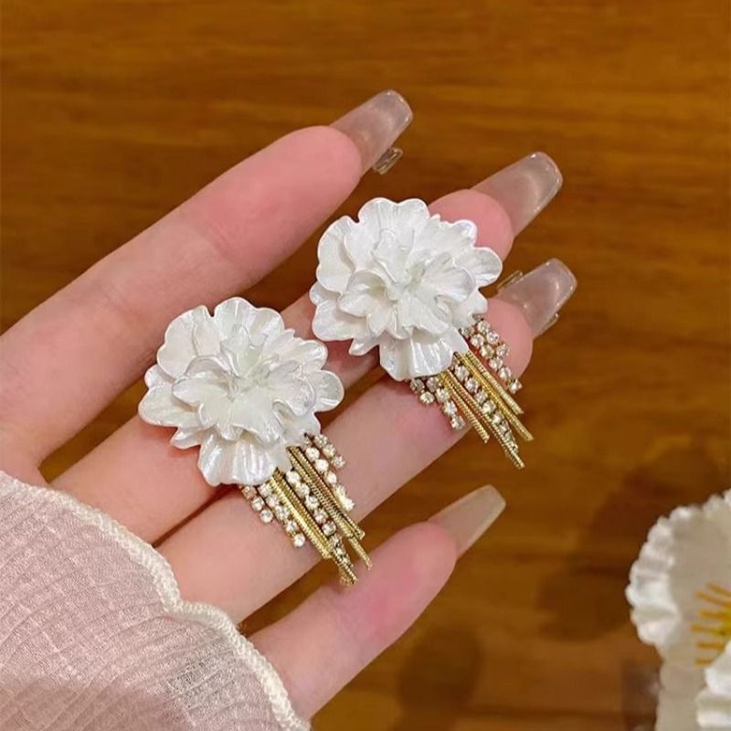 Floral Earring Rhinestone Fringed Alloy