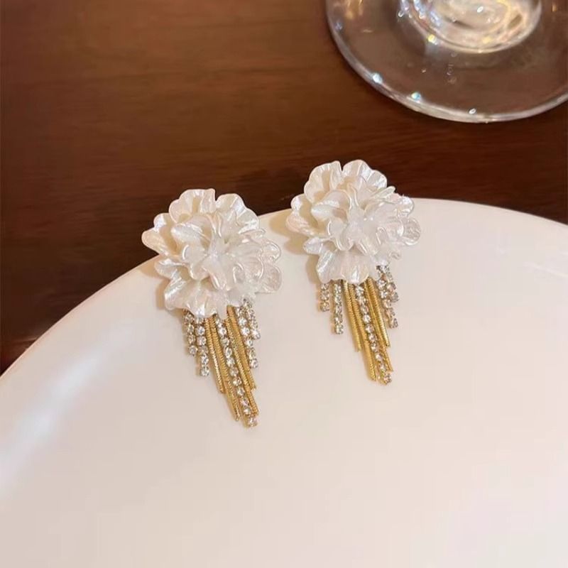 Floral Earring Rhinestone Fringed Alloy
