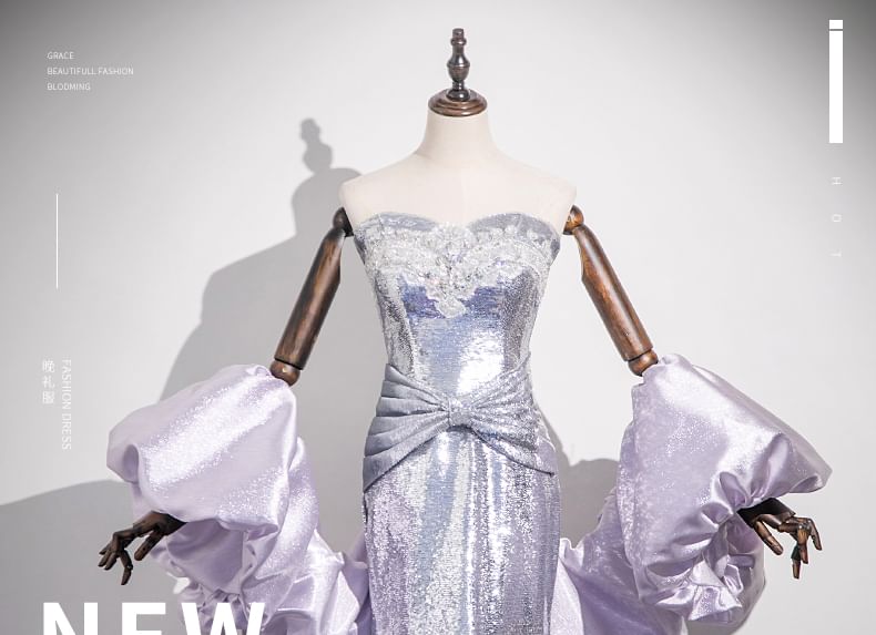 Glitter Mermaid Lace Evening Gown Strapless Trim