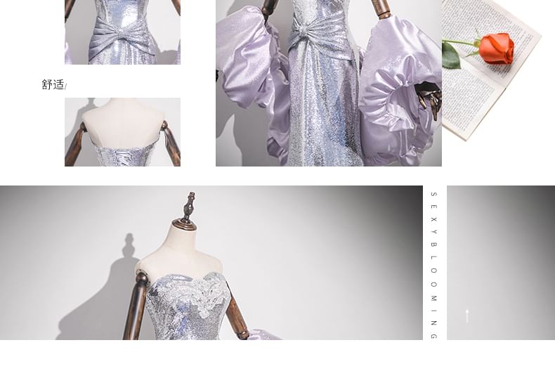 Glitter Mermaid Lace Evening Gown Strapless Trim