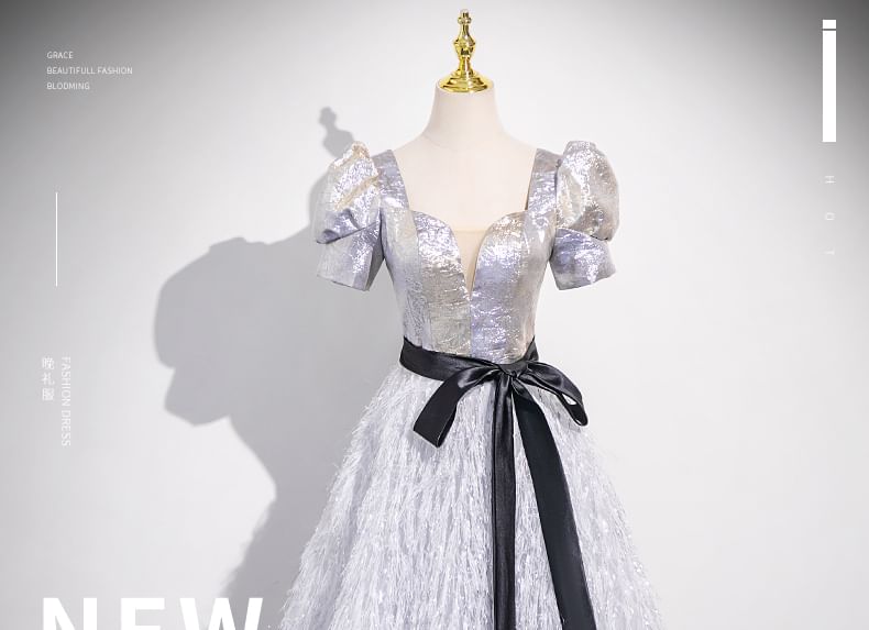 Gown A-Line Neck Glitter Square Short-Sleeve Fringe Evening