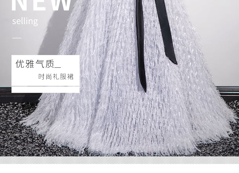 Gown A-Line Neck Glitter Square Short-Sleeve Fringe Evening