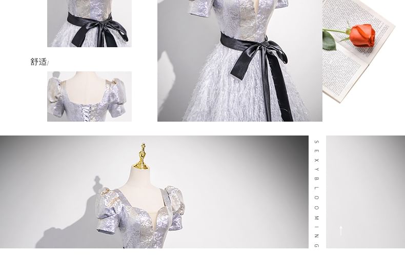 Gown A-Line Neck Glitter Square Short-Sleeve Fringe Evening