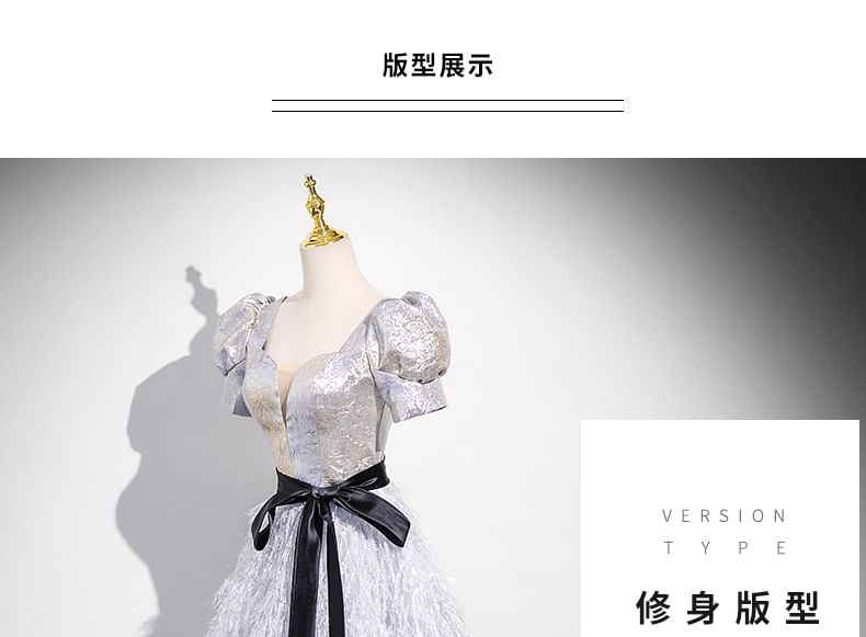 Gown A-Line Neck Glitter Square Short-Sleeve Fringe Evening