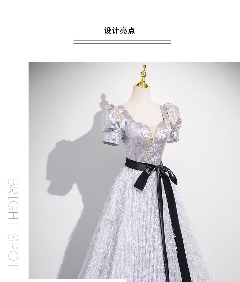 Gown A-Line Neck Glitter Square Short-Sleeve Fringe Evening