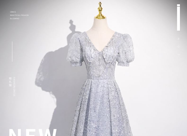 Short-Sleeve Evening Plain V-Neck Gown Lace Sheath