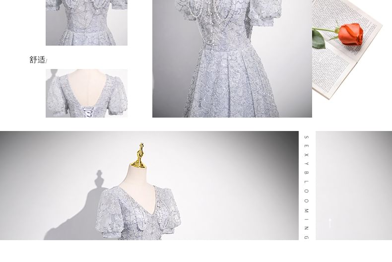 Short-Sleeve Evening Plain V-Neck Gown Lace Sheath