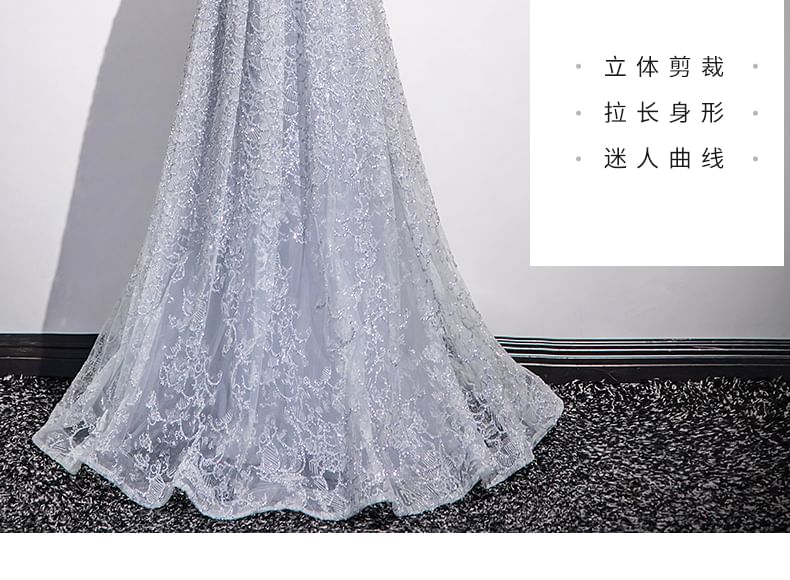 Short-Sleeve Evening Plain V-Neck Gown Lace Sheath