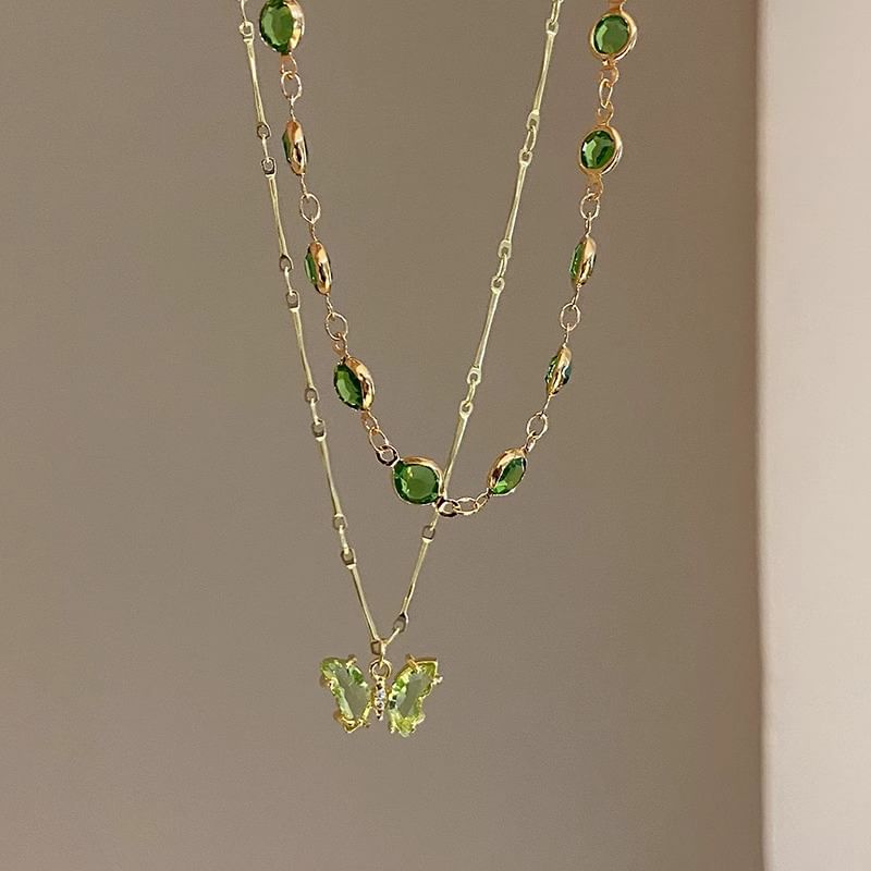 Necklace Rhinestone Station Butterfly Layered