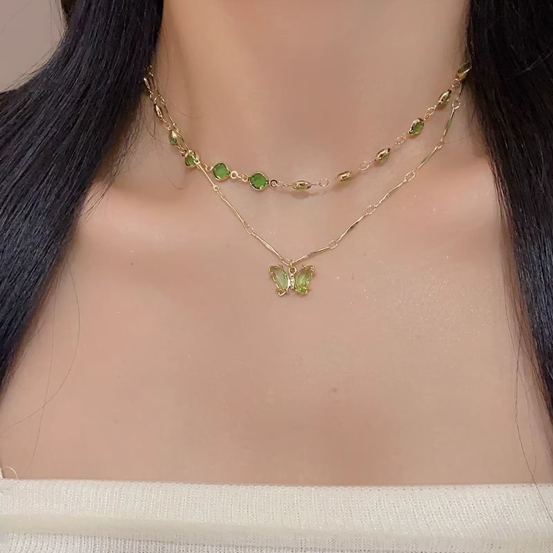 Necklace Rhinestone Station Butterfly Layered