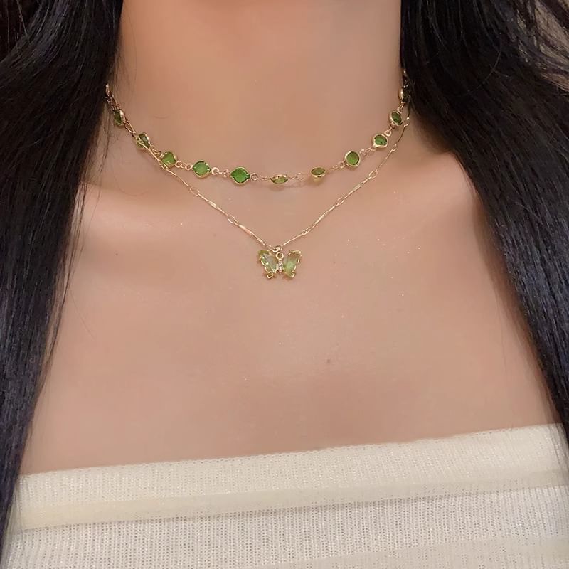 Necklace Rhinestone Station Butterfly Layered