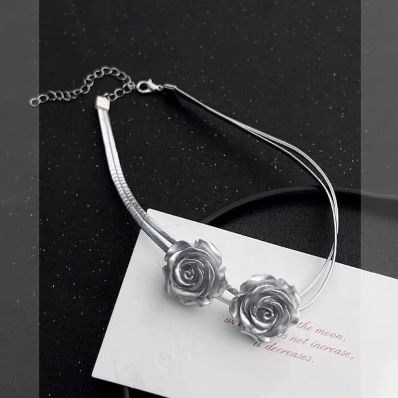 Faux Leather Rose Choker Metallic