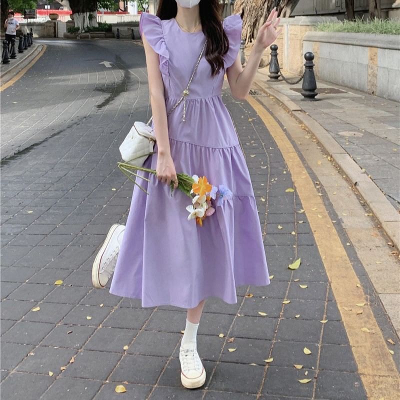 Dress Neck Ruffle Tiered A-Line Plain Round Trim Cap-Sleeve Midi