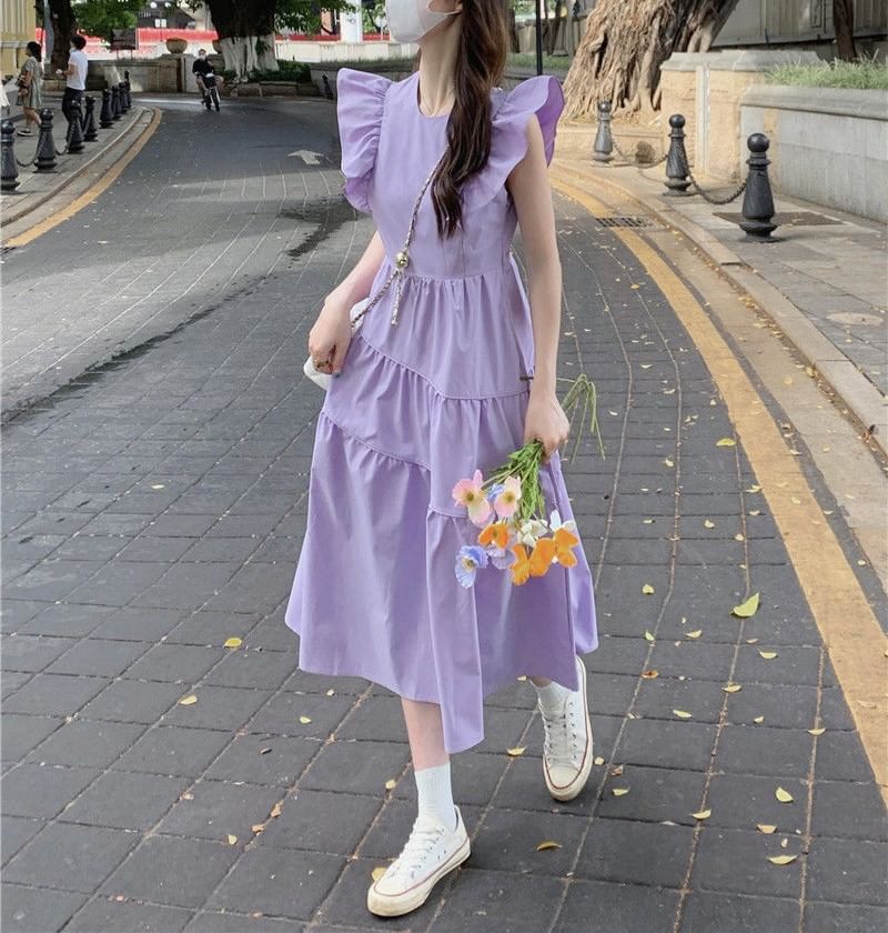 Dress Neck Ruffle Tiered A-Line Plain Round Trim Cap-Sleeve Midi