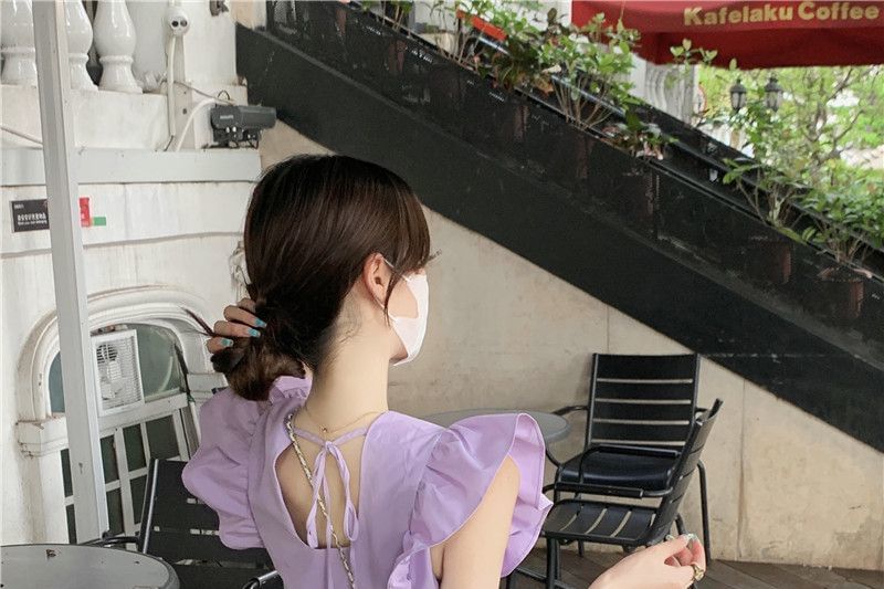 Dress Neck Ruffle Tiered A-Line Plain Round Trim Cap-Sleeve Midi